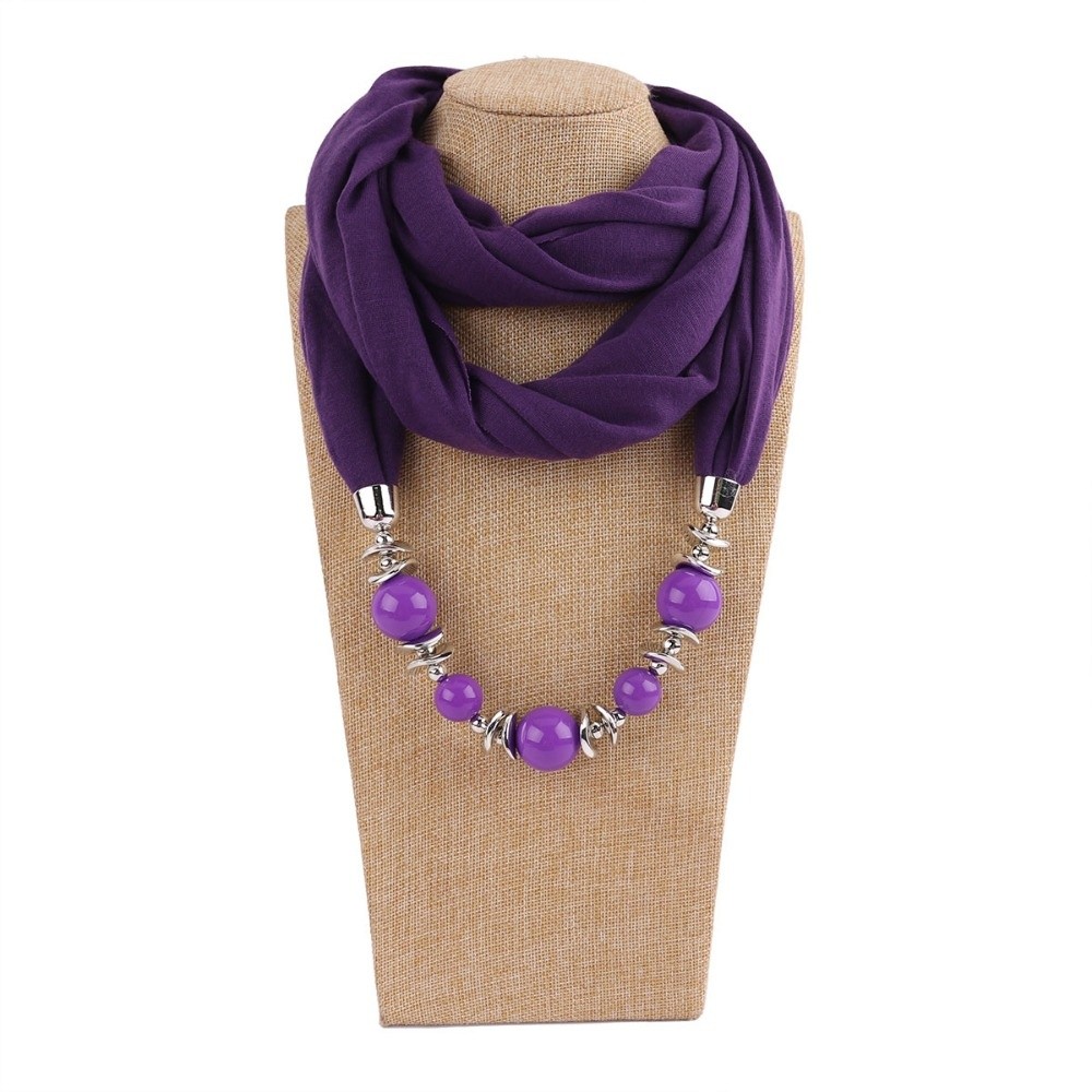 Infinity Scarf Knit - Şifon Eşarp Düz Renk Boncuklu Kolye